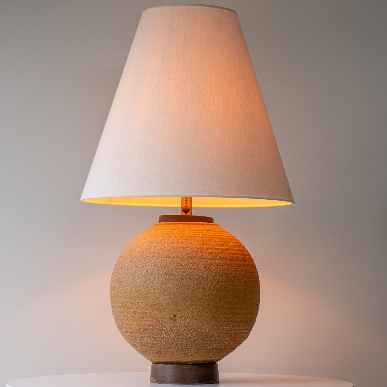 Ceramic Sand and Walnut Wood Lamp, Neutral Custom Lampshade by R. Houben