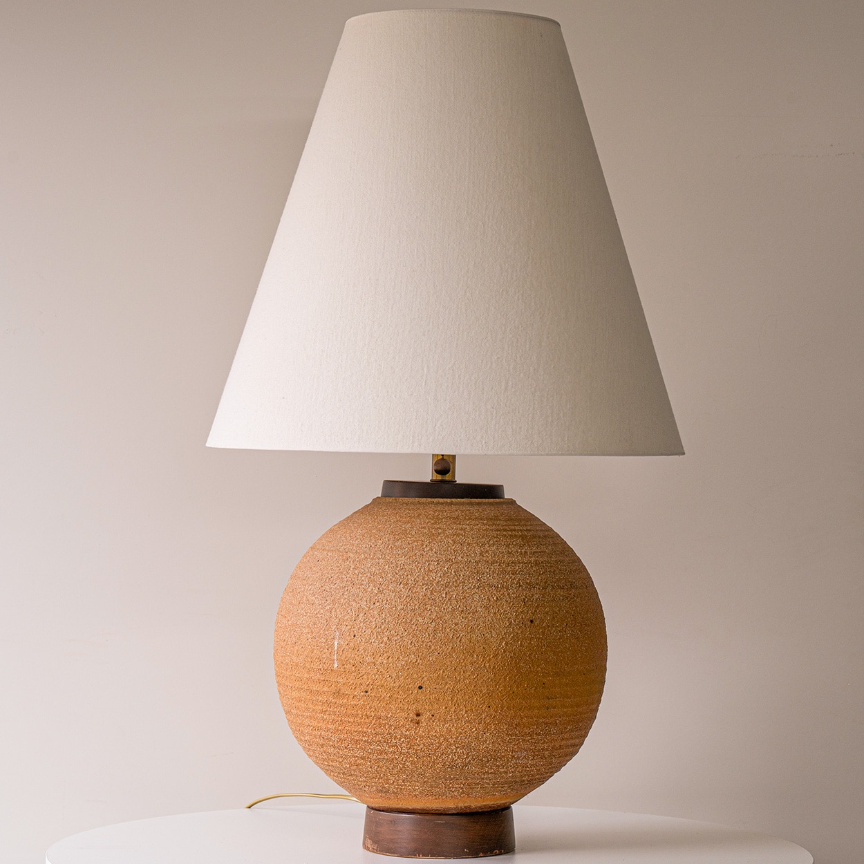 Ceramic Sand and Walnut Wood Lamp, Neutral Custom Lampshade by R. Houben