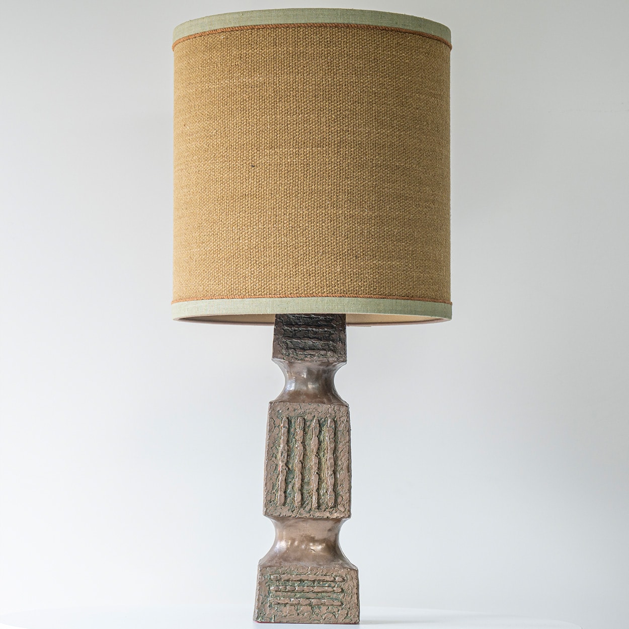 XL Ceramic Brown Brutalist Lamp, Neutral Custom Lampshade by R. Houben