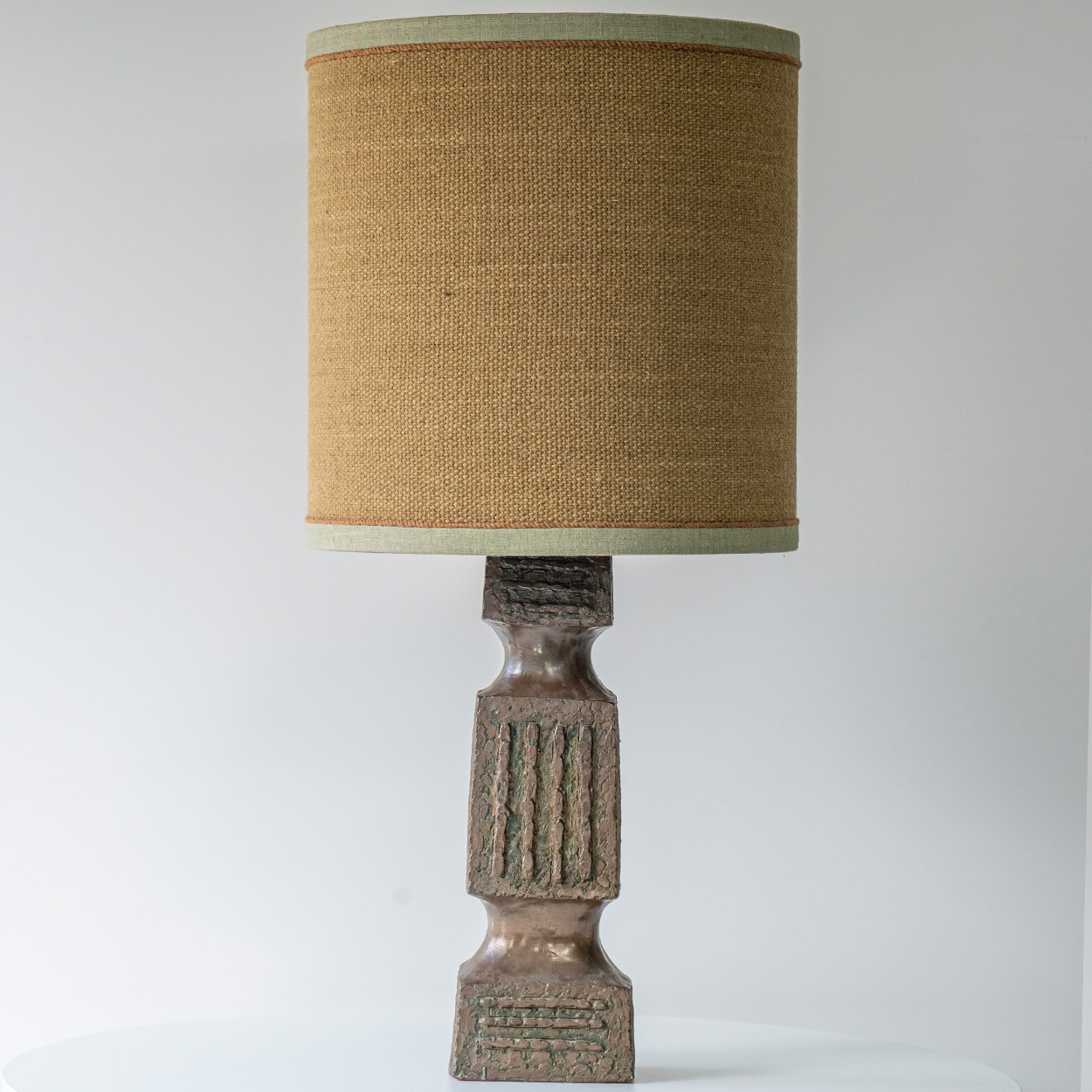 XL Ceramic Brown Brutalist Lamp, Neutral Custom Lampshade by R. Houben