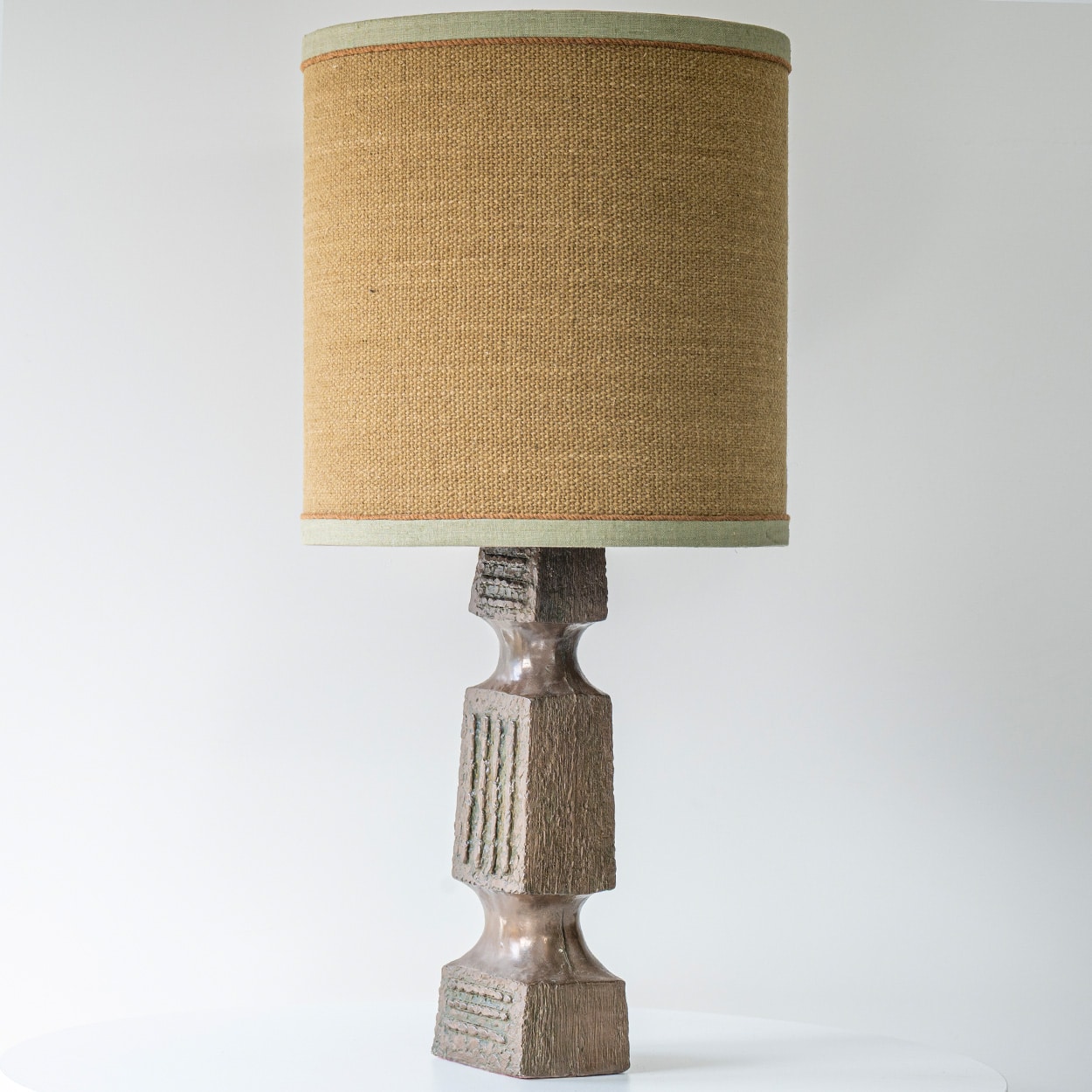 XL Ceramic Brown Brutalist Lamp, Neutral Custom Lampshade by R. Houben