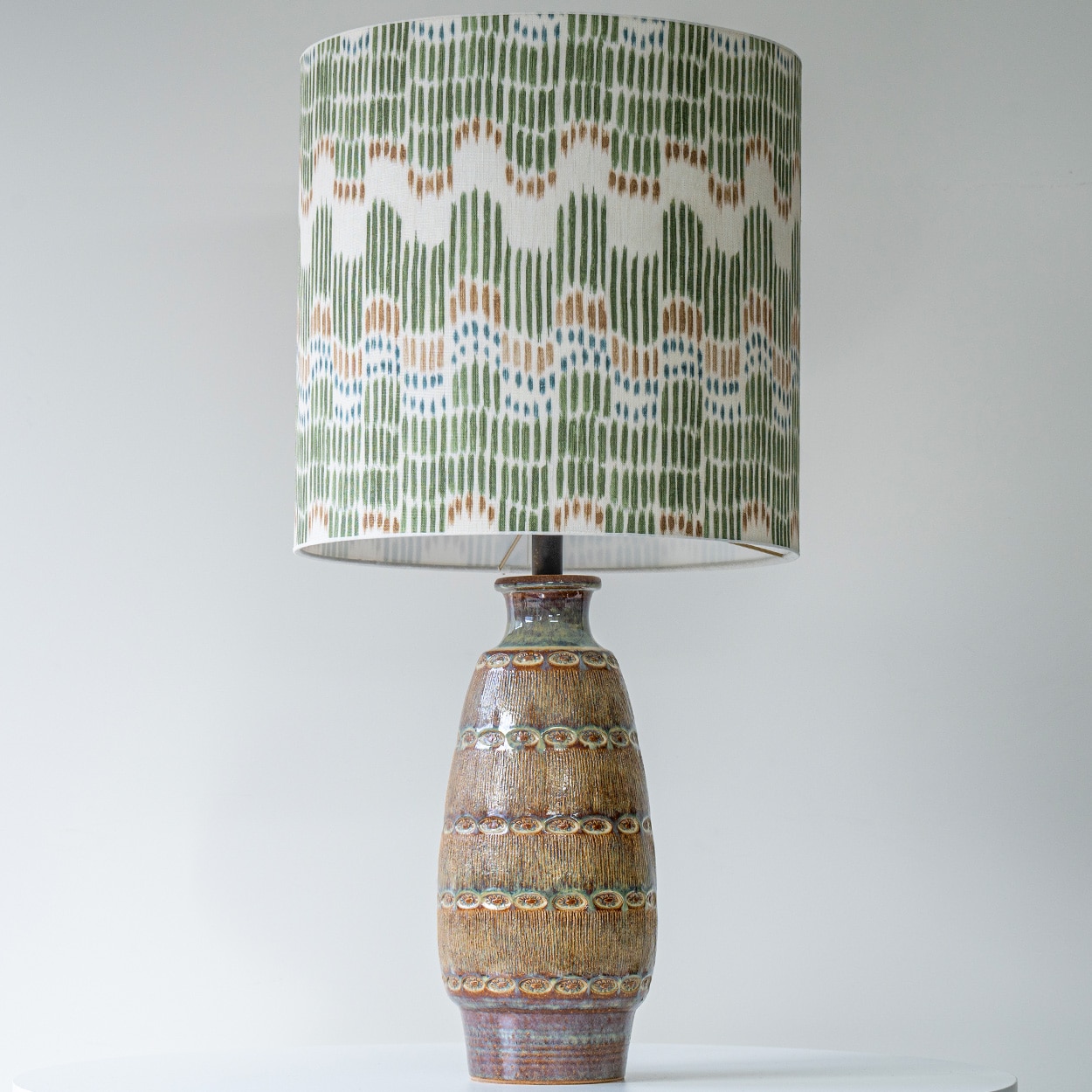 Tapered Oval Brown Ceramic Table Lamp, Custom Multicolor Lampshade by R. Houben