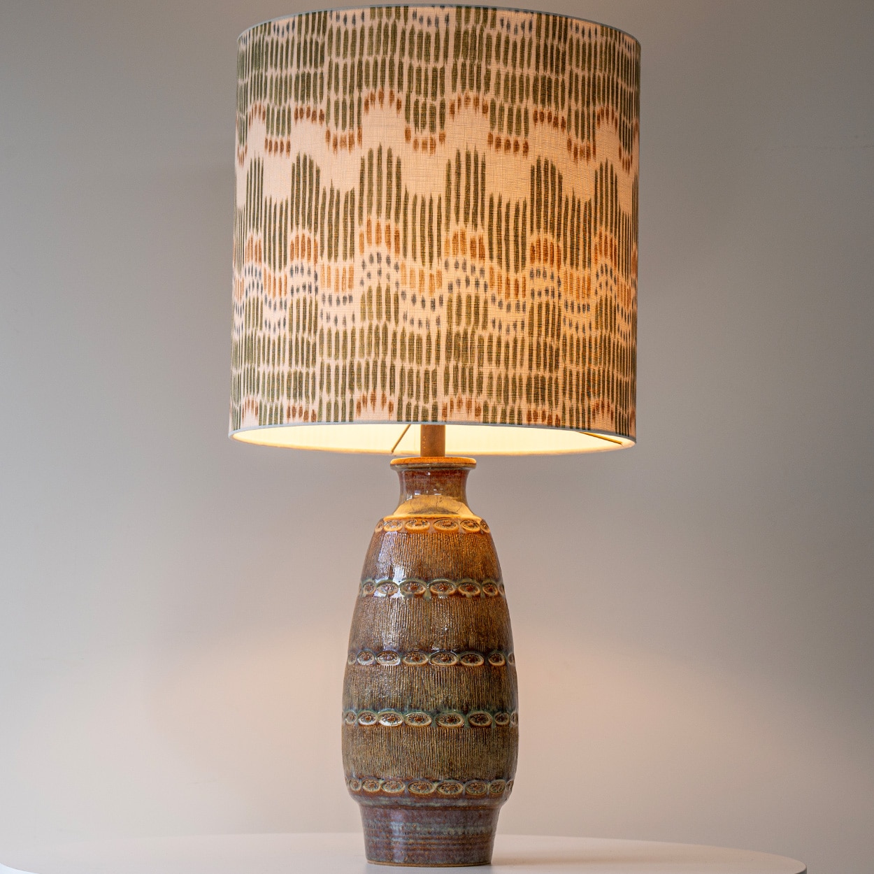 Tapered Oval Brown Ceramic Table Lamp, Custom Multicolor Lampshade by R. Houben