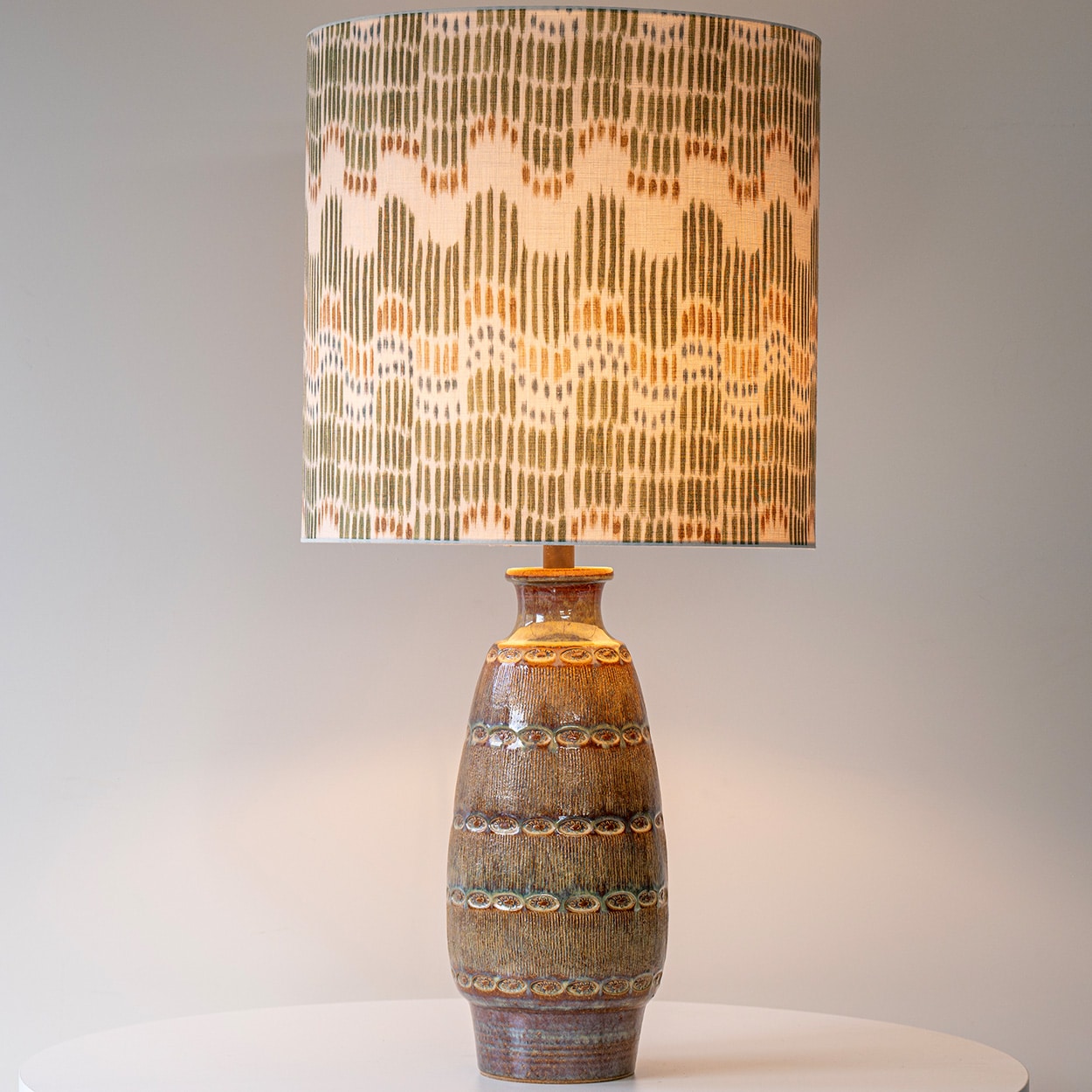 Tapered Oval Brown Ceramic Table Lamp, Custom Multicolor Lampshade by R. Houben