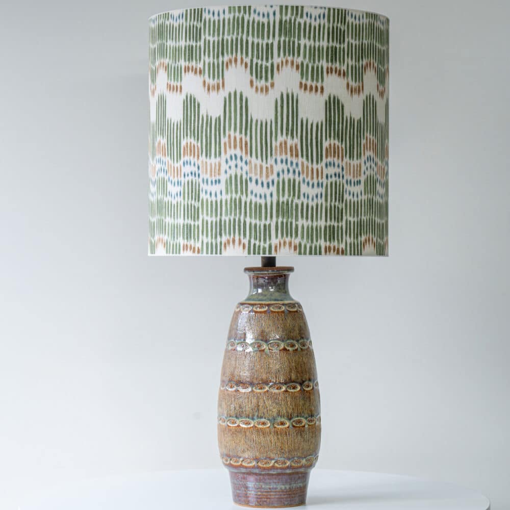 Tapered Oval Brown Ceramic Table Lamp, Custom Multicolor Lampshade by R. Houben