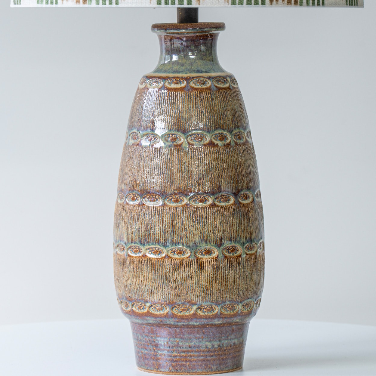 Tapered Oval Brown Ceramic Table Lamp, Custom Multicolor Lampshade by R. Houben