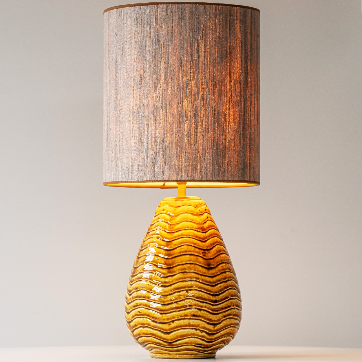 Gunnar Nylund Wave Ceramic Lamp, Beige Custom Lampshade by R. Houben