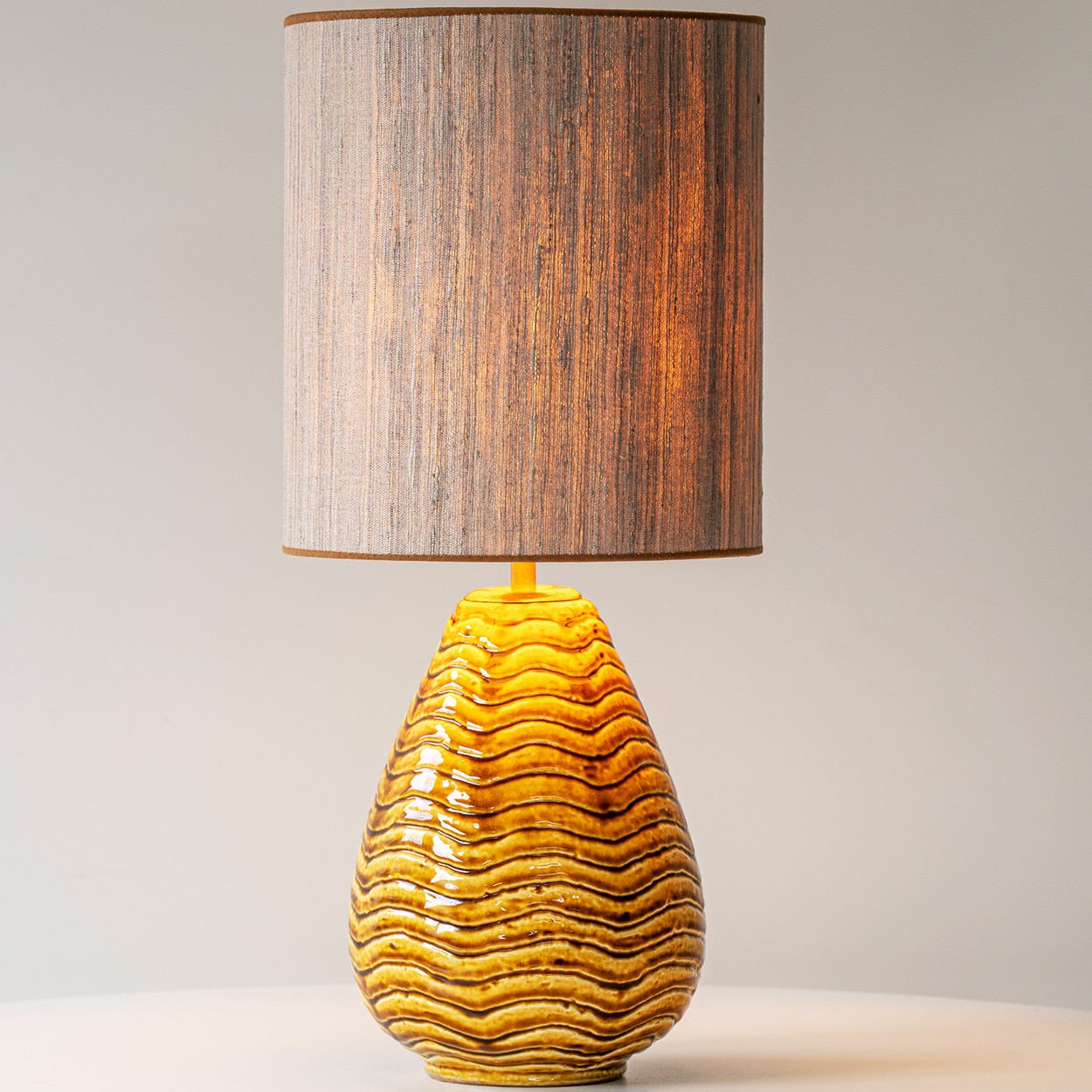Gunnar Nylund Wave Ceramic Lamp, Beige Custom Lampshade by R. Houben