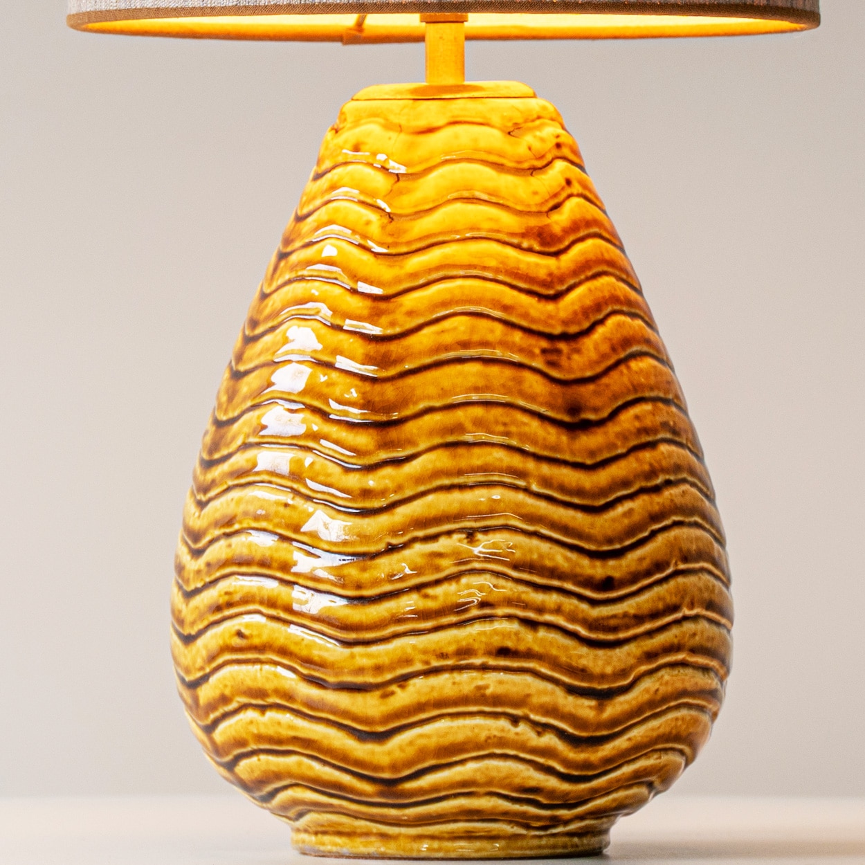 Gunnar Nylund Wave Ceramic Lamp, Beige Custom Lampshade by R. Houben