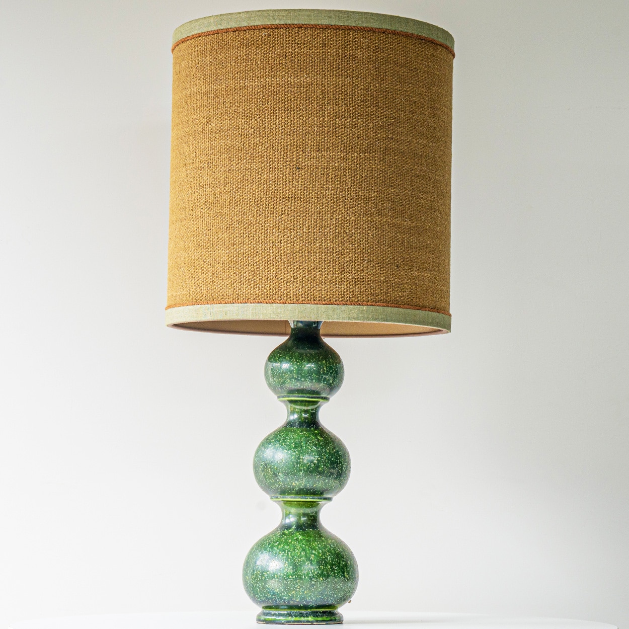 1 of the 2 Kaiser Green Curved Ceramic Lamp, Custom Silk Lampshade by R. Houben