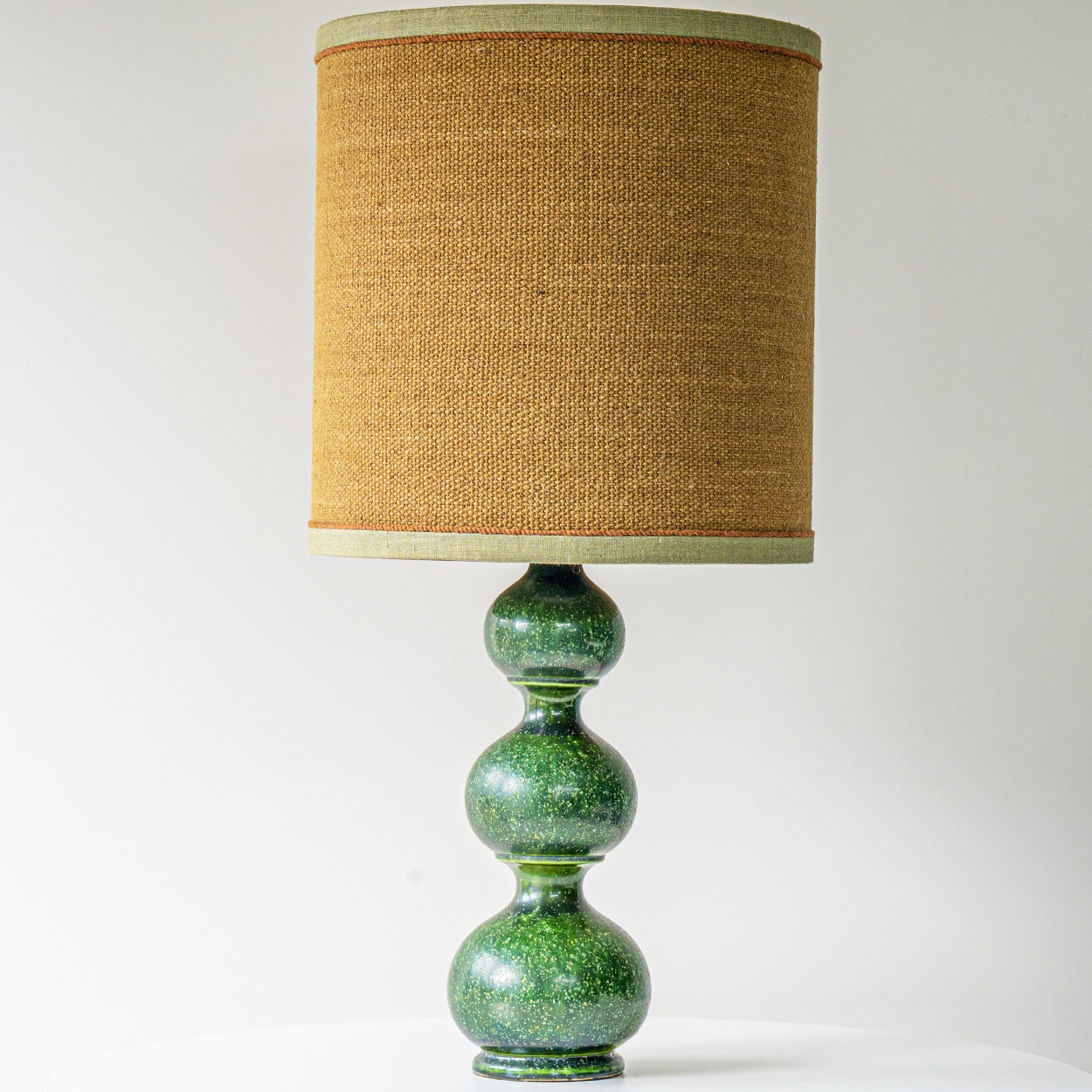 1 of the 2 Kaiser Green Curved Ceramic Lamp, Custom Silk Lampshade by R. Houben