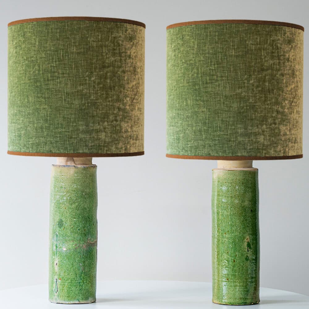 1 of 2 Green Ceramic Lamps, Custom Green Lampshade by R. Houben