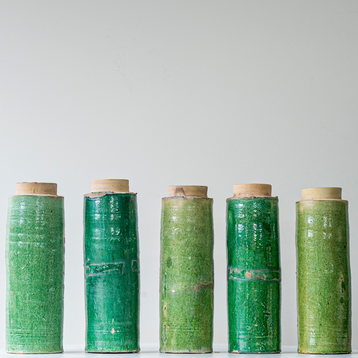 1 of the Several Green Ceramic Lamps, Custom Beige Lampshade by R. Houben