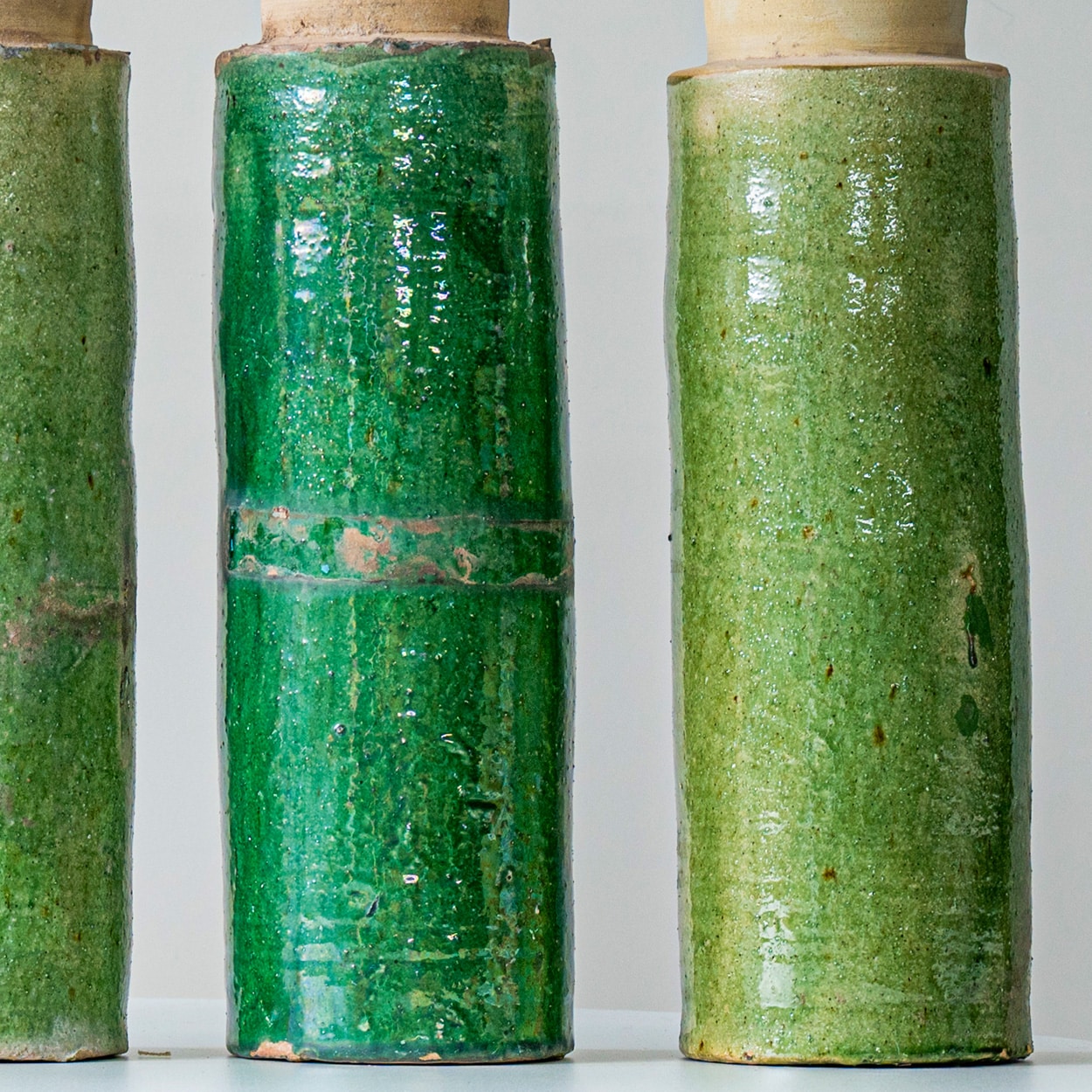 1 of the Several Green Ceramic Lamps, Custom Beige Lampshade by R. Houben