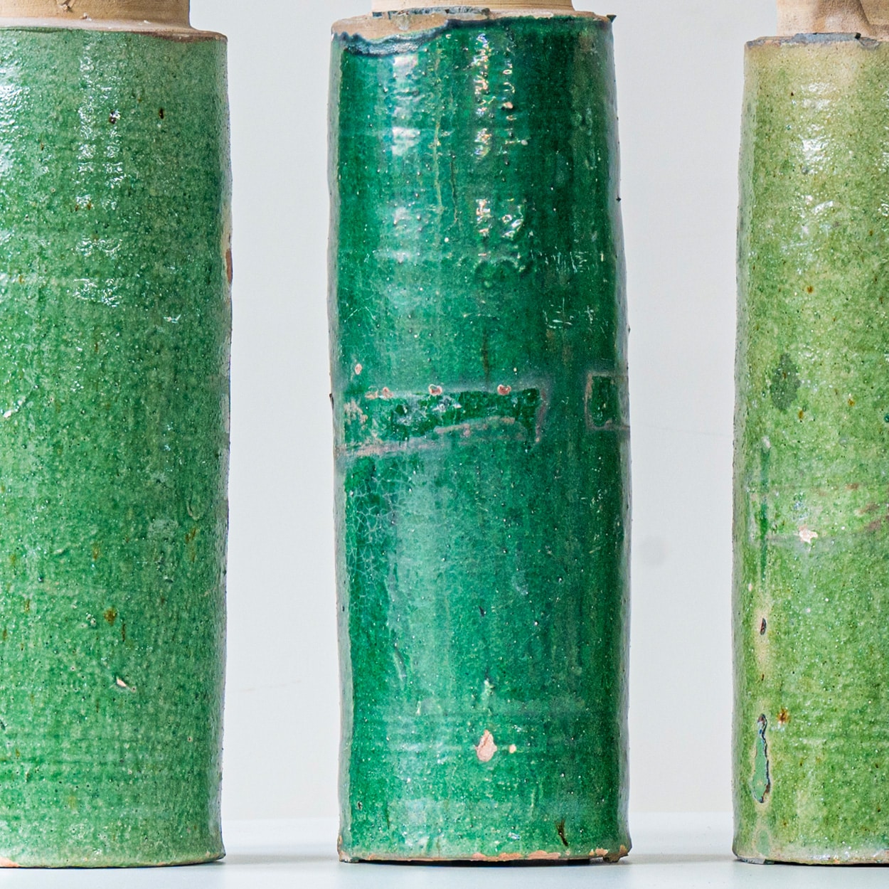 1 of the Several Green Ceramic Lamps, Custom Beige Lampshade by R. Houben