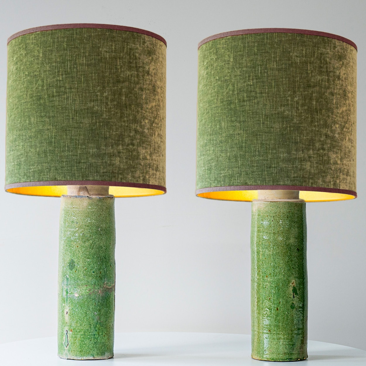1 of 2 Green Ceramic Lamps, Custom Green Lampshade by R. Houben