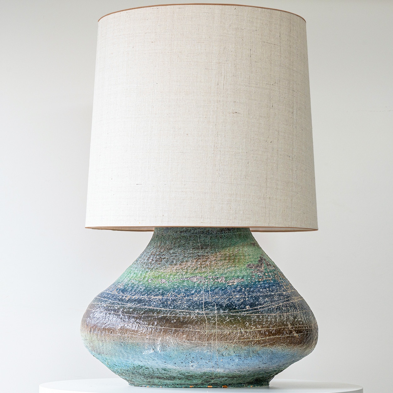 XL Multicolor Squat Bulbous Ceramic Lamp, Neutral Custom Lampshade by R. Houben