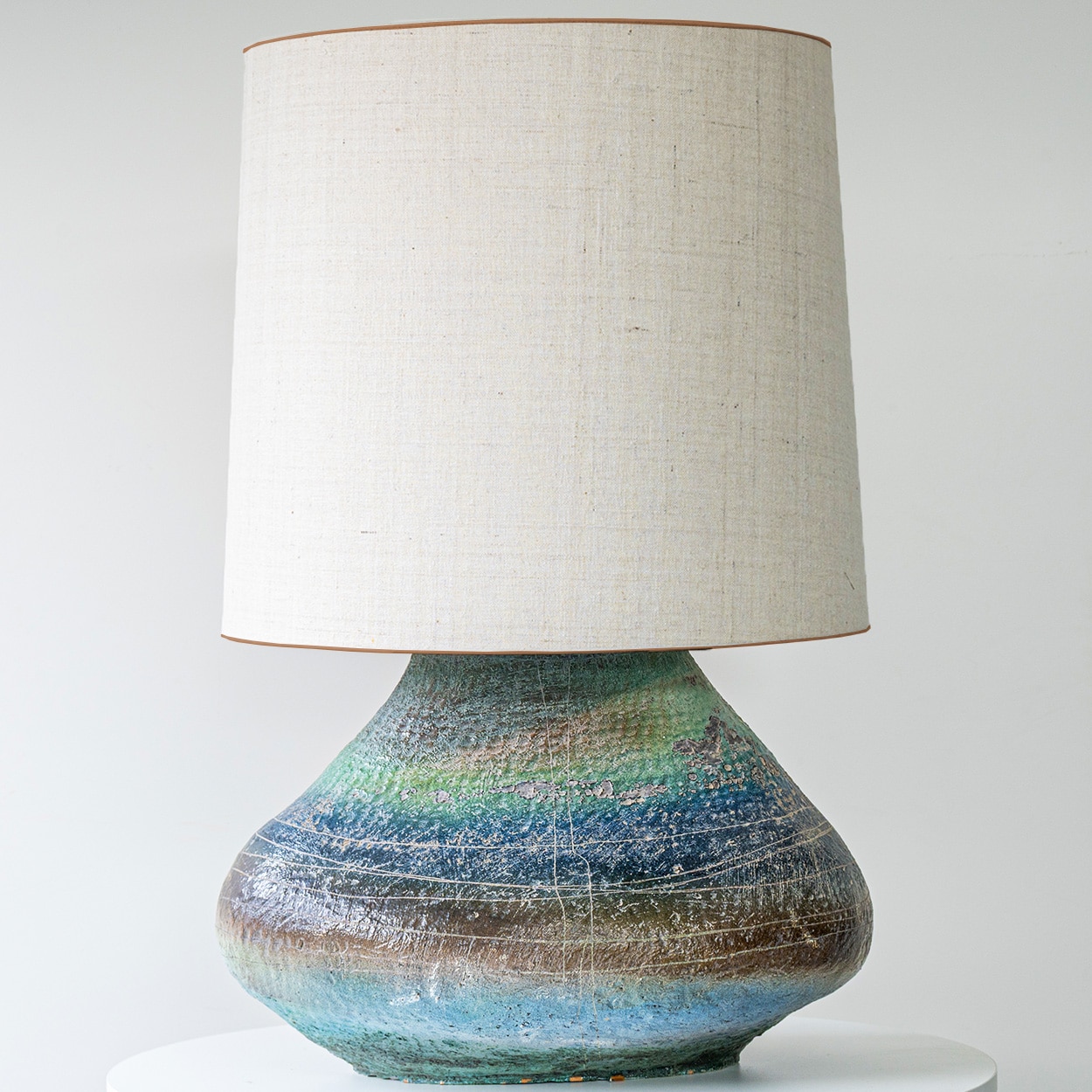 XL Multicolor Squat Bulbous Ceramic Lamp, Neutral Custom Lampshade by R. Houben