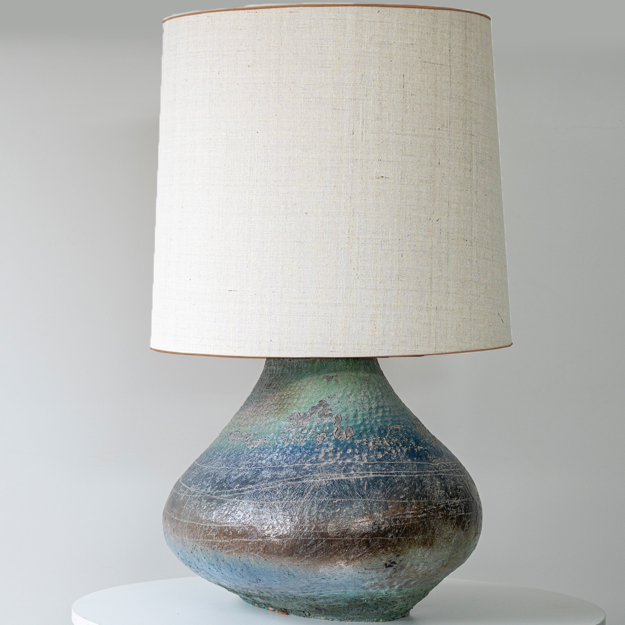 XL Multicolor Squat Bulbous Ceramic Lamp, Neutral Custom Lampshade by R. Houben