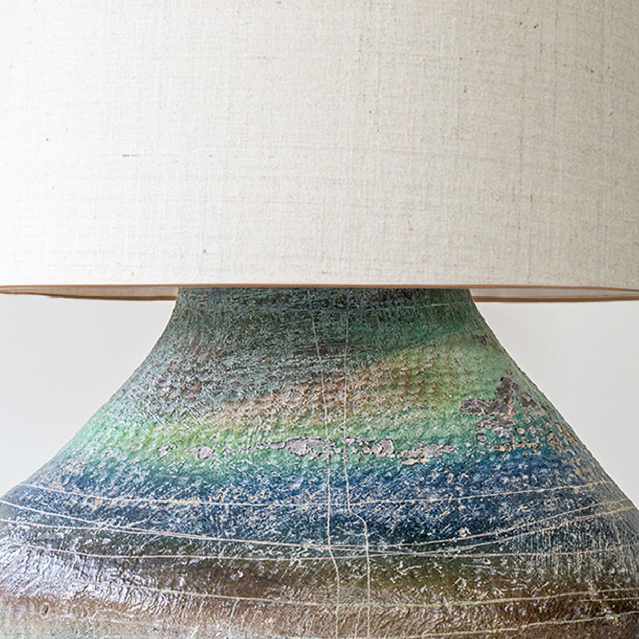 XL Multicolor Squat Bulbous Ceramic Lamp, Neutral Custom Lampshade by R. Houben