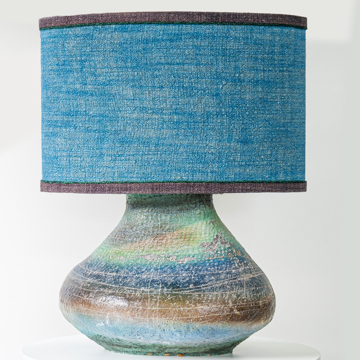XL Multicolor Squat Bulbous Ceramic Lamp, Blue Custom Lampshade by R. Houben