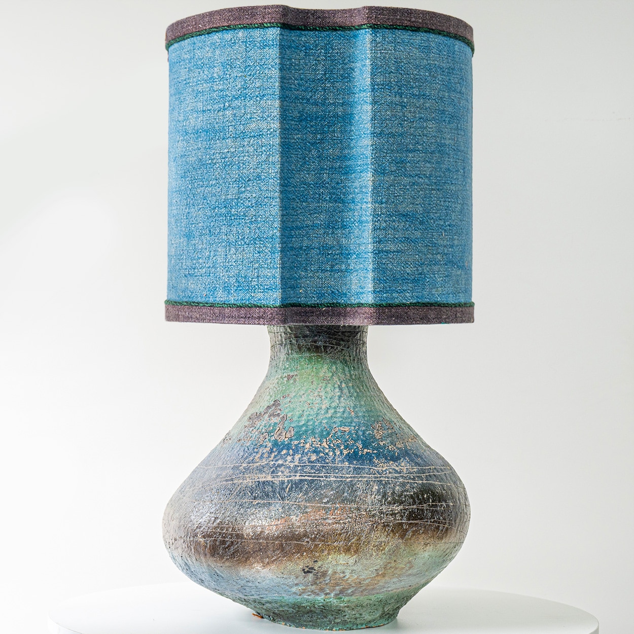 XL Multicolor Squat Bulbous Ceramic Lamp, Blue Custom Lampshade by R. Houben