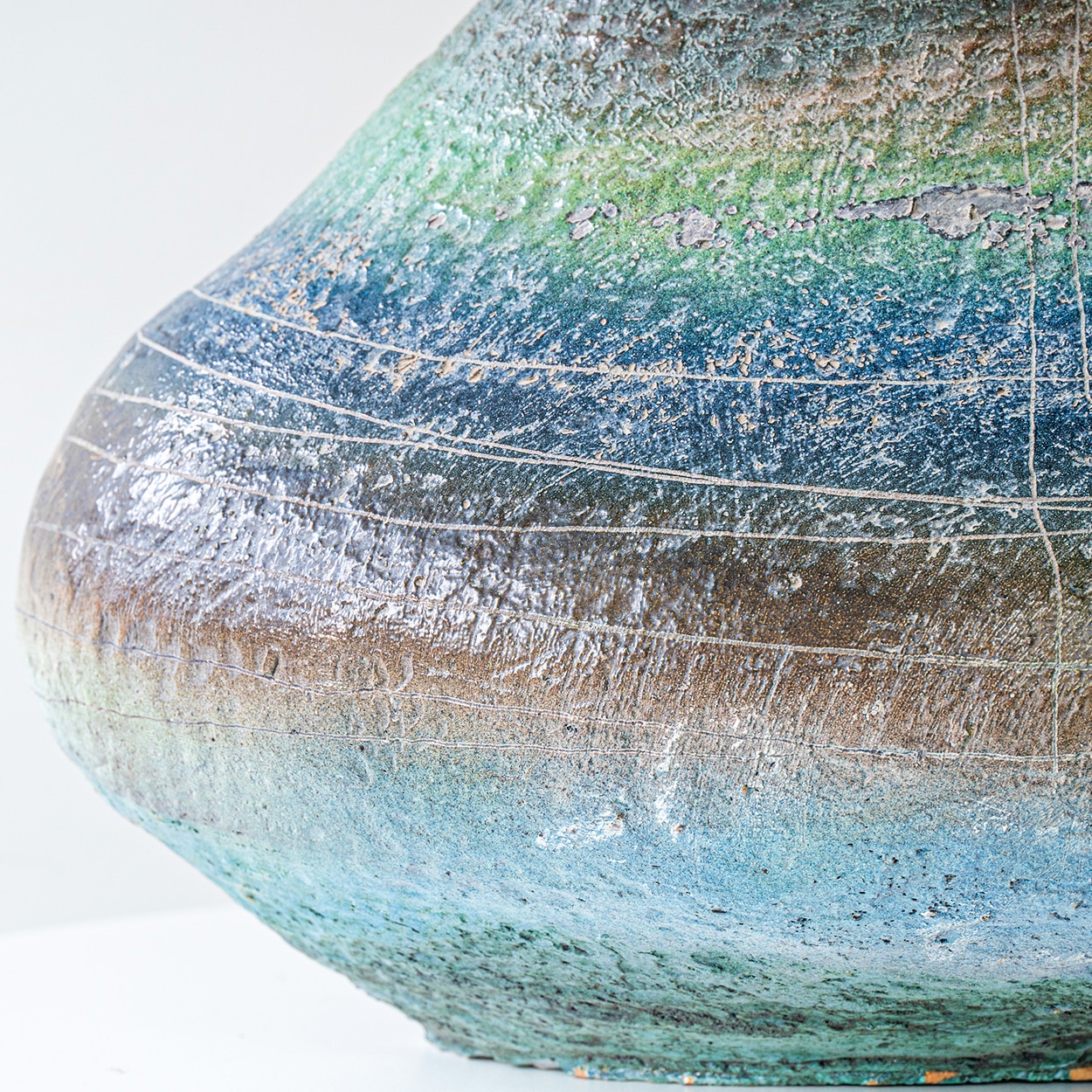 XL Multicolor Squat Bulbous Ceramic Lamp, Blue Custom Lampshade by R. Houben