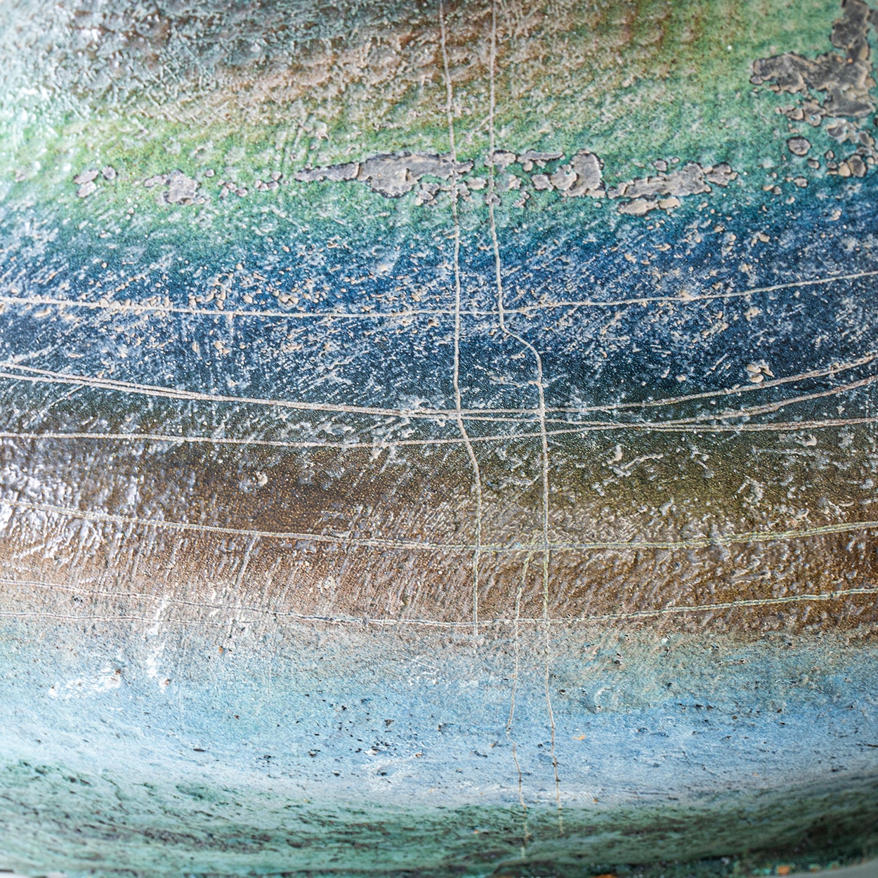 XL Multicolor Squat Bulbous Ceramic Lamp, Blue Custom Lampshade by R. Houben