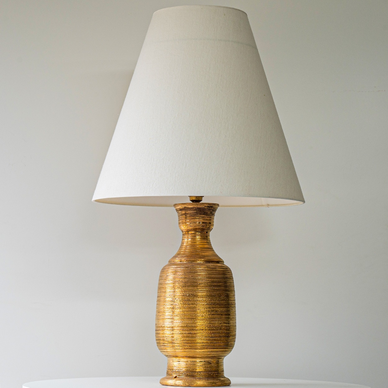 1 of the 2 Gold Glazed Ceramic Curved Lamps, Custom Lampshade by R. Houben