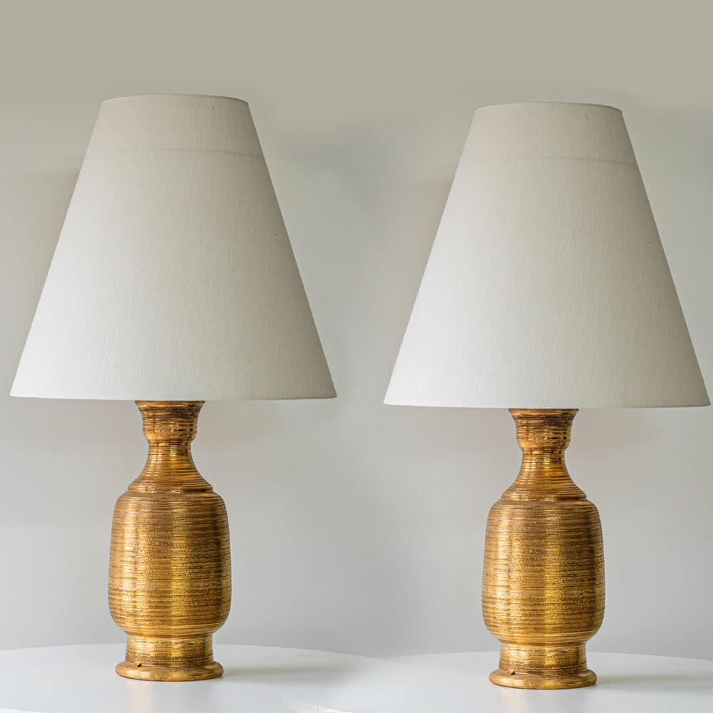 1 of the 2 Gold Glazed Ceramic Curved Lamps, Custom Lampshade by R. Houben