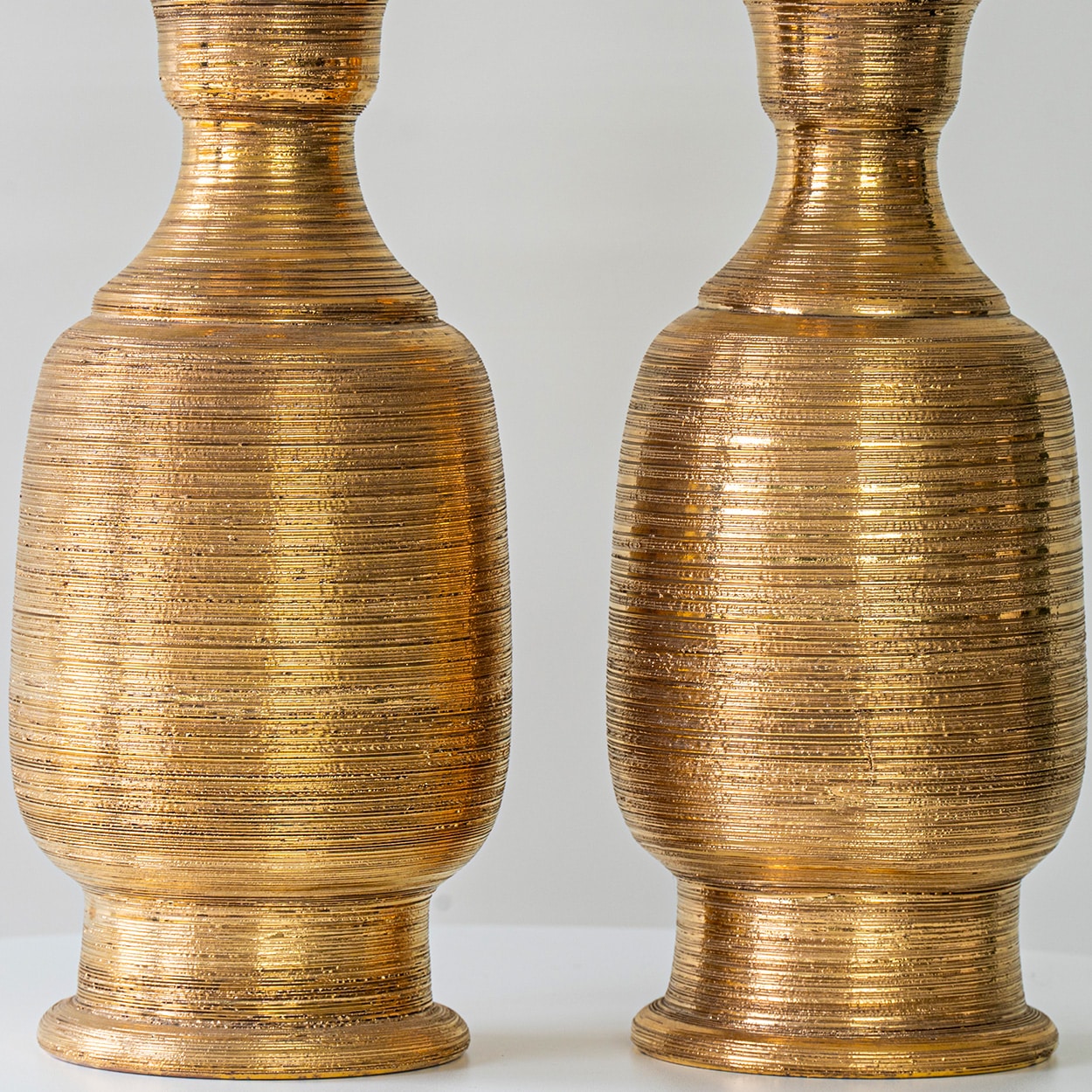 1 of the 2 Gold Glazed Ceramic Curved Lamps, Custom Lampshade by R. Houben