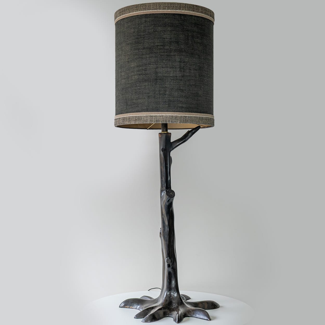 Large Gray Tree Zamac Floor Lamp, Custom Gray Lampshade by R. Houben