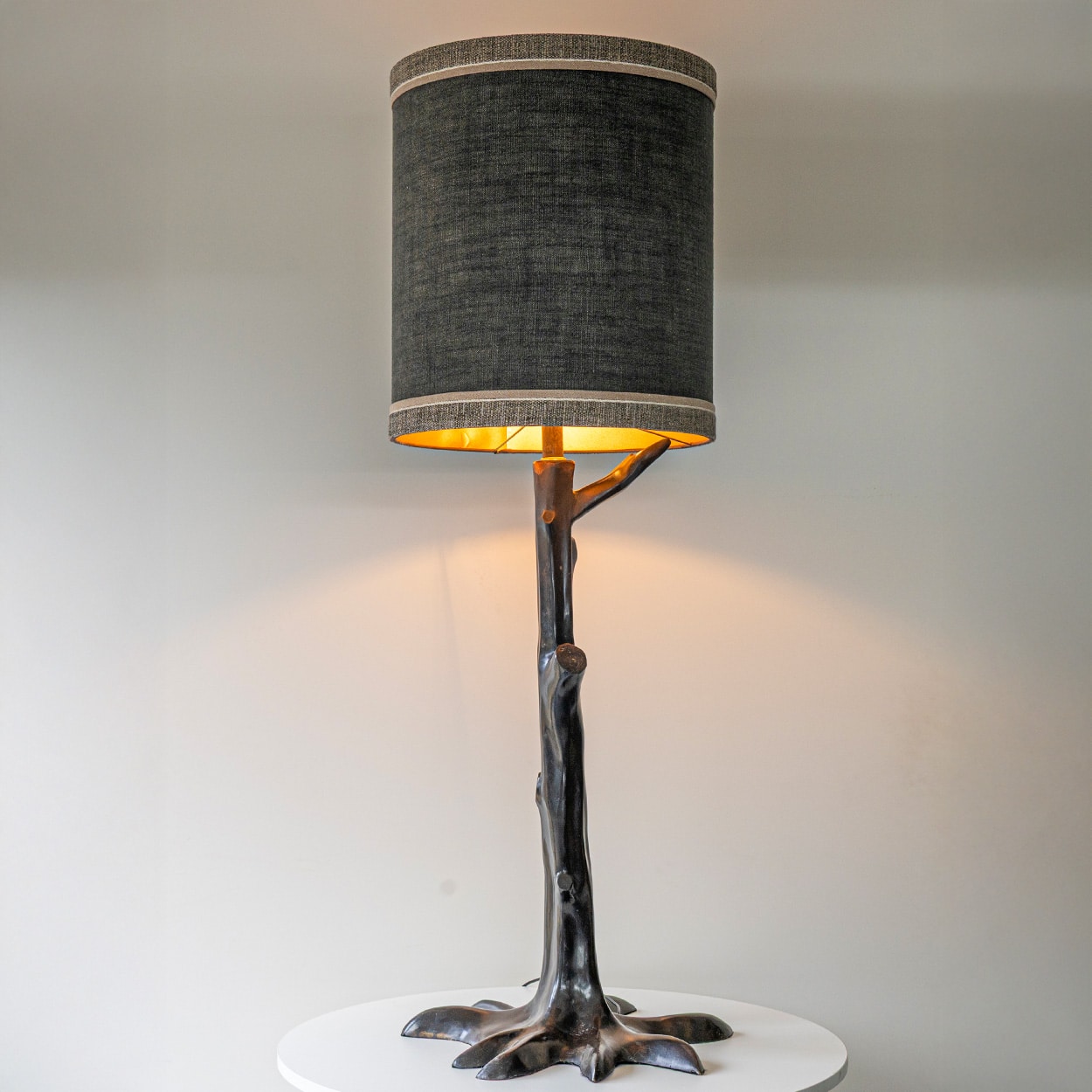 Large Gray Tree Zamac Floor Lamp, Custom Gray Lampshade by R. Houben