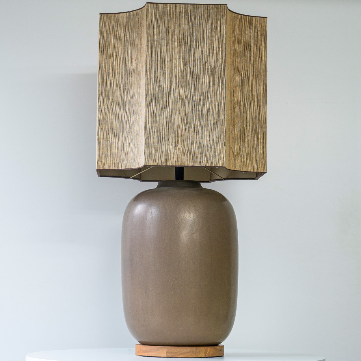 Brown Ceramic Curved Lamp with Walnut Wooden Base, Custom Lampshade by R. Houben