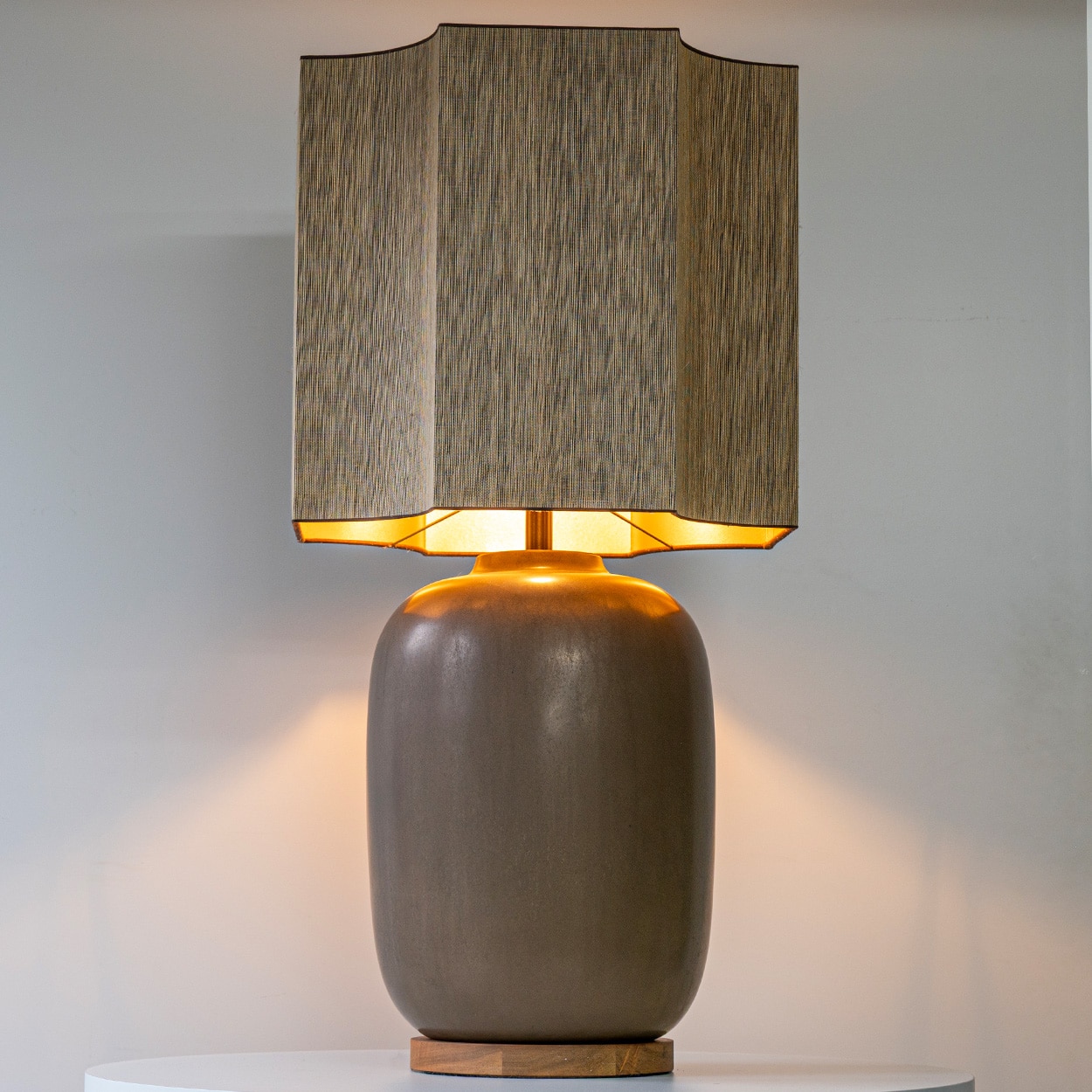 Brown Ceramic Curved Lamp with Walnut Wooden Base, Custom Lampshade by R. Houben