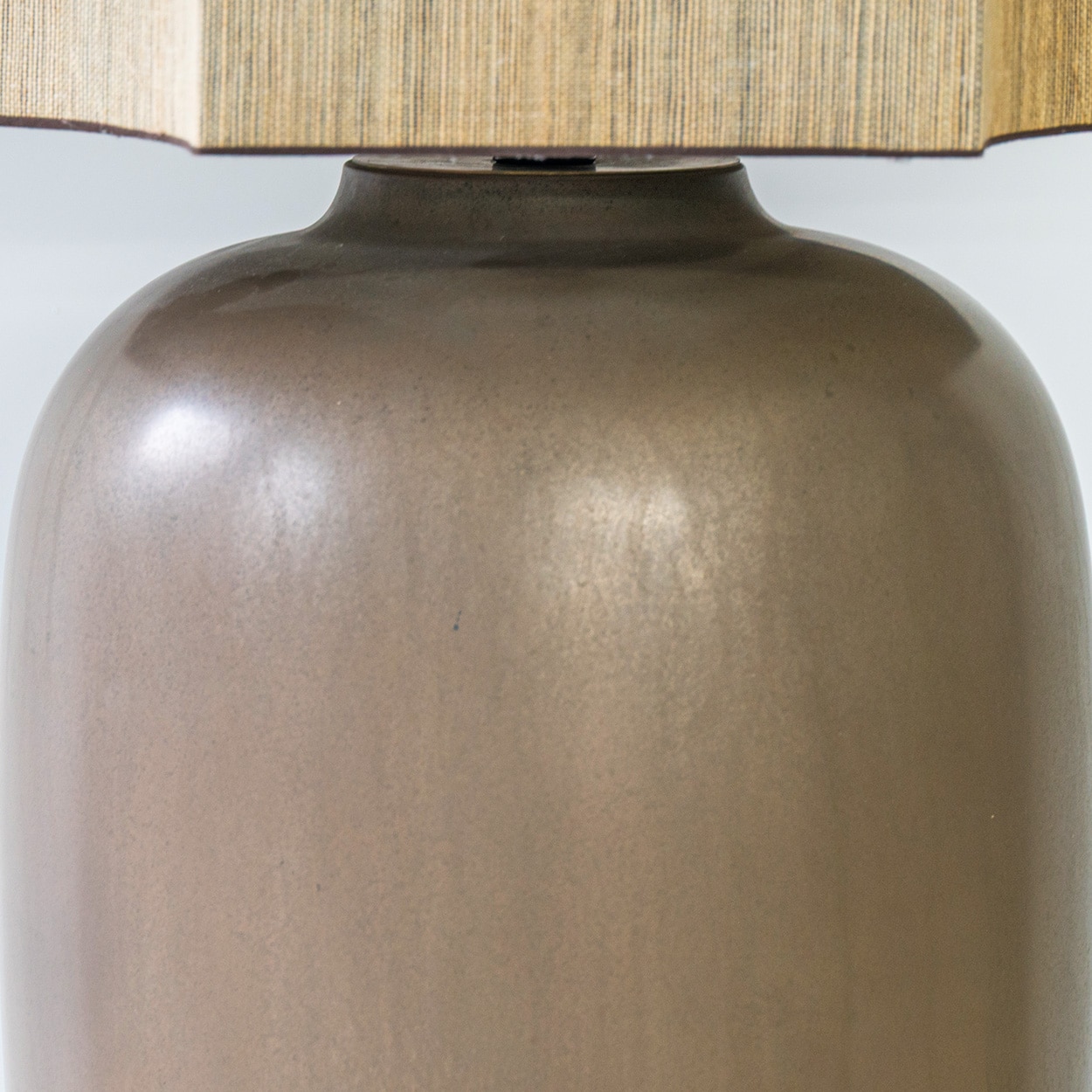 Brown Ceramic Curved Lamp with Walnut Wooden Base, Custom Lampshade by R. Houben
