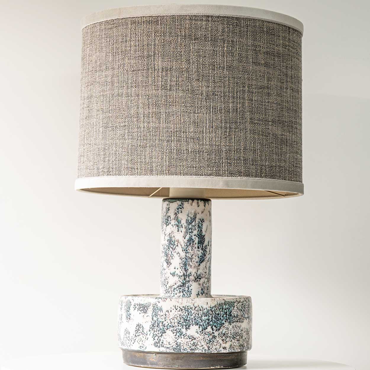 White Blue Splashed Ceramic Lamp, Custom Lampshade by R. Houben