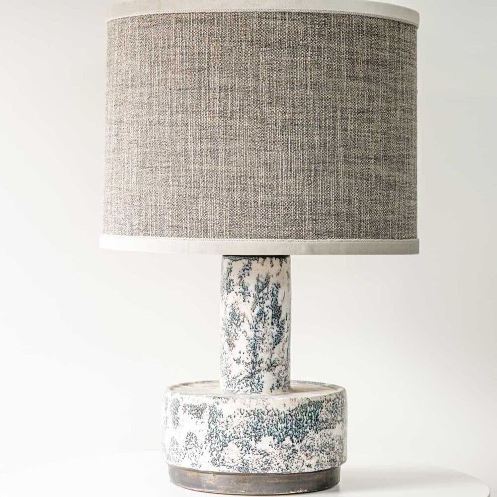 White Blue Splashed Ceramic Lamp, Custom Lampshade by R. Houben