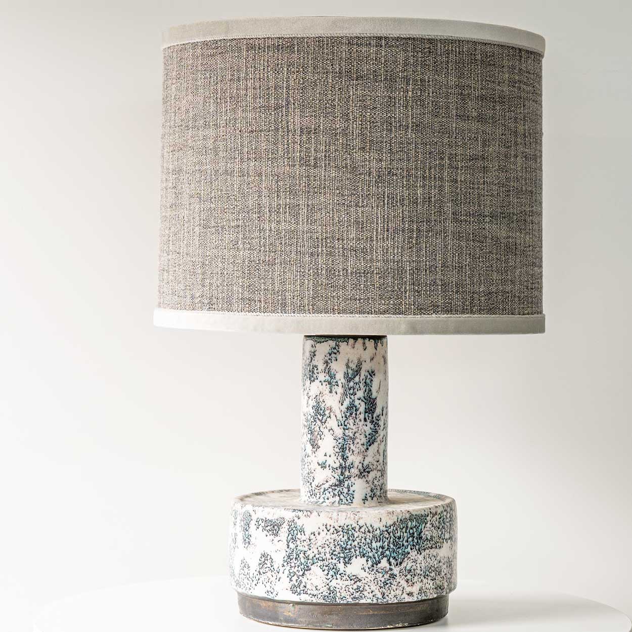 White Blue Splashed Ceramic Lamp, Custom Lampshade by R. Houben