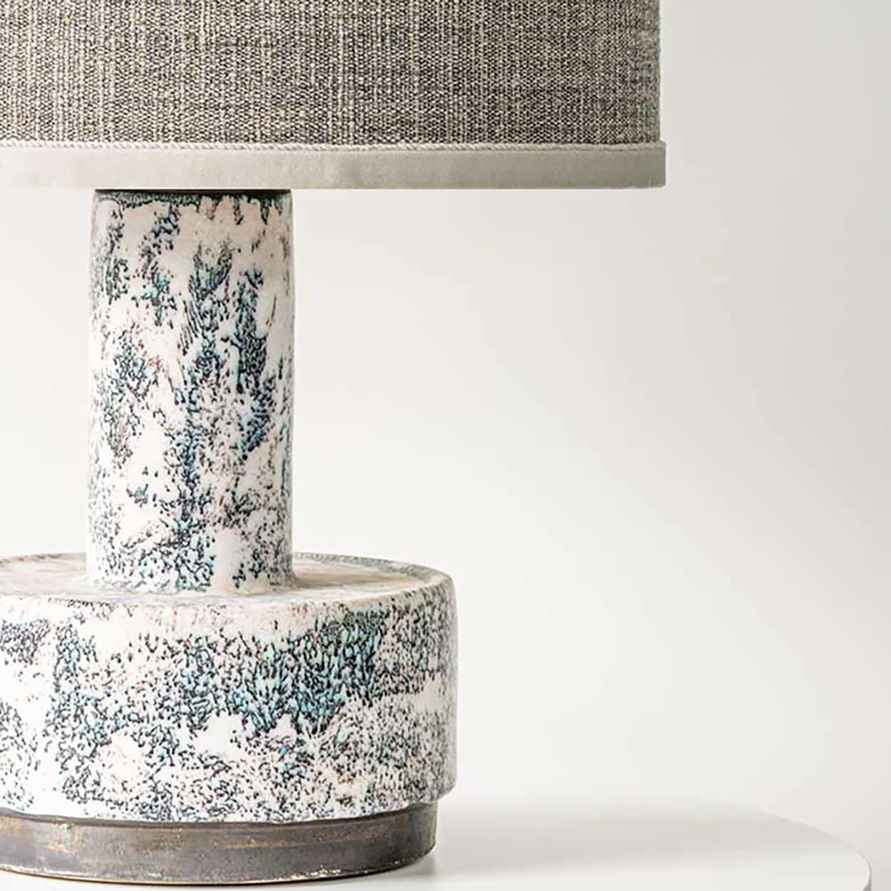 White Blue Splashed Ceramic Lamp, Custom Lampshade by R. Houben