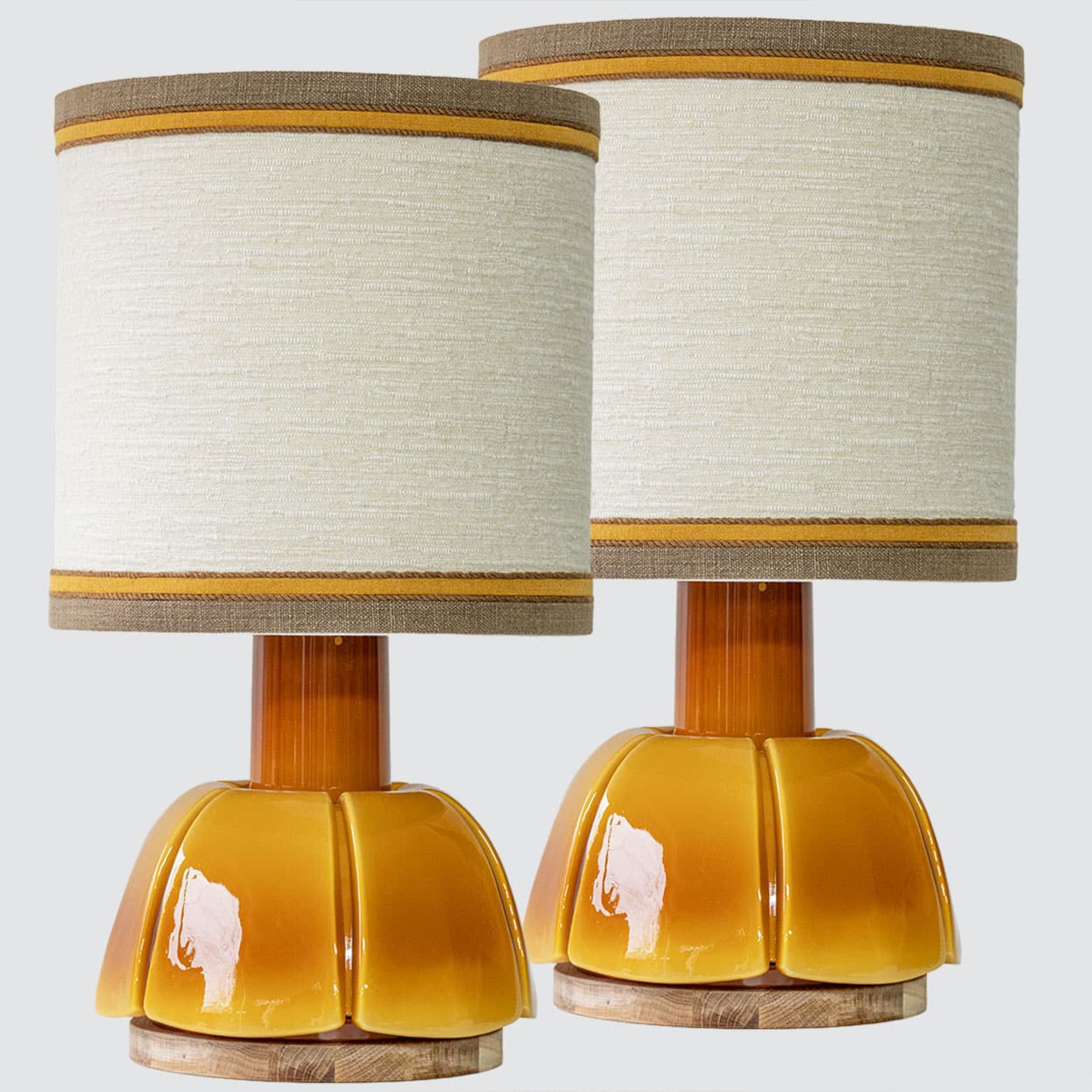1 of the 2 Caramel Glazed Ceramic Lamps, Custom Matching Lampshade by R. Houben