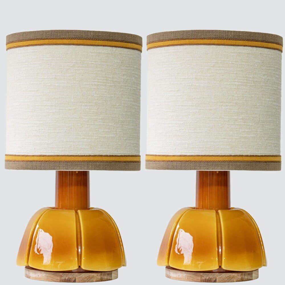 1 of the 2 Caramel Glazed Ceramic Lamps, Custom Matching Lampshade by R. Houben