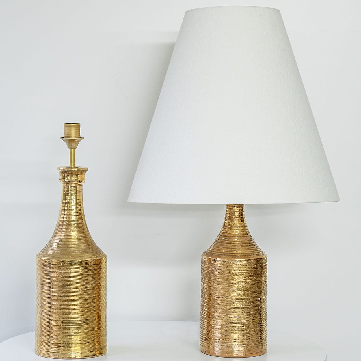 1 of the 2 Bitossi Gold Glazed Ceramic Lamps, Custom Lampshade by R. Houben
