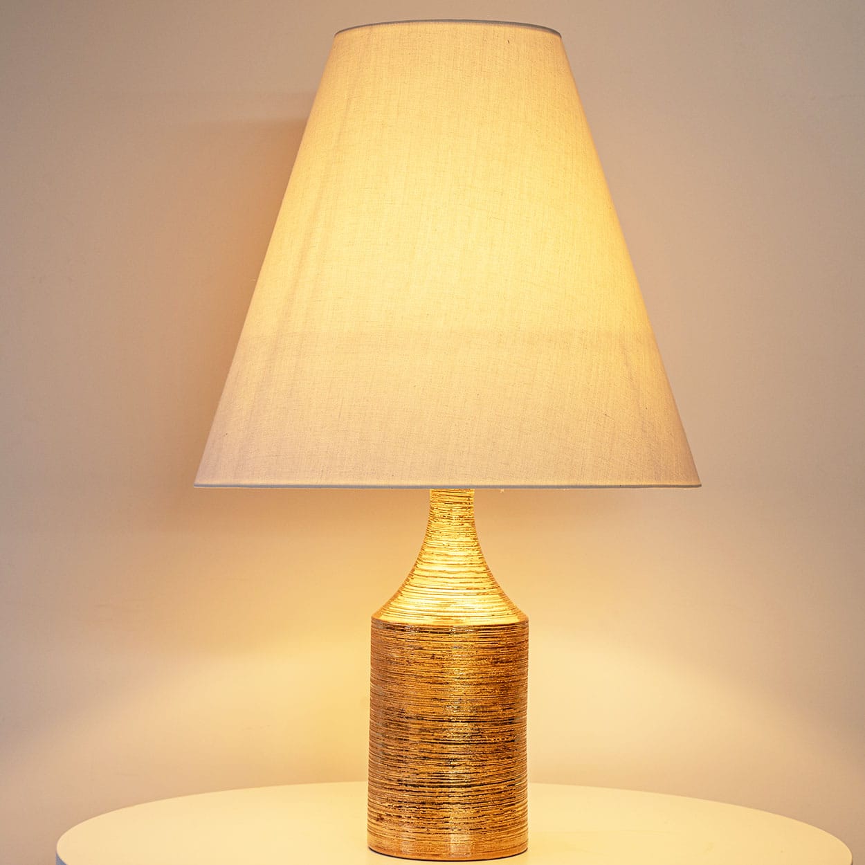 1 of the 2 Bitossi Gold Glazed Ceramic Lamps, Custom Lampshade by R. Houben