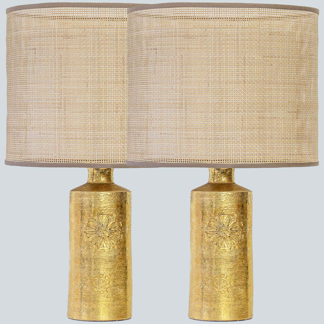 1 of the 2 Bitossi Gold Ceramic Lamps, Rattan Double Lampshade by R. Houben