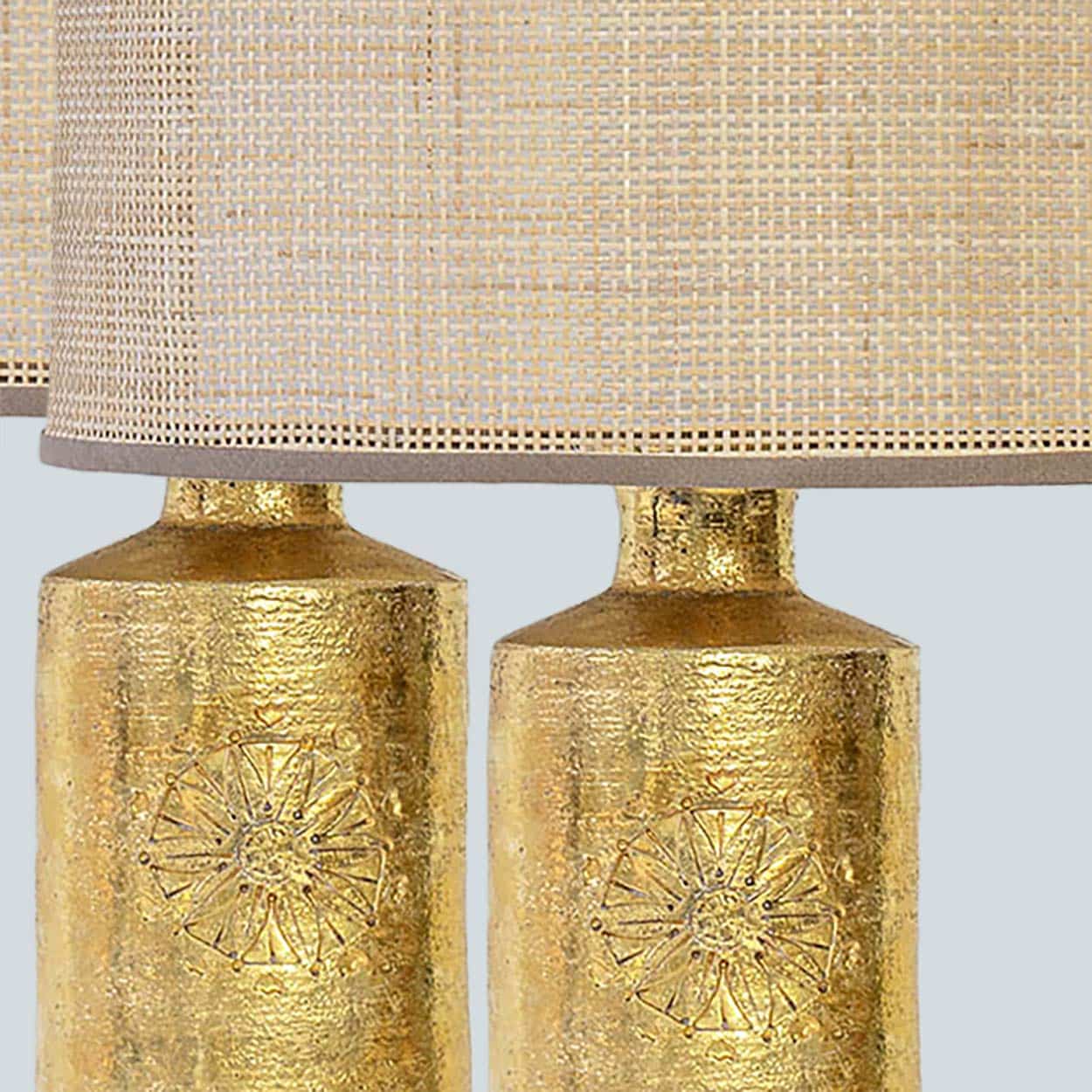 1 of the 2 Bitossi Gold Ceramic Lamps, Rattan Double Lampshade by R. Houben