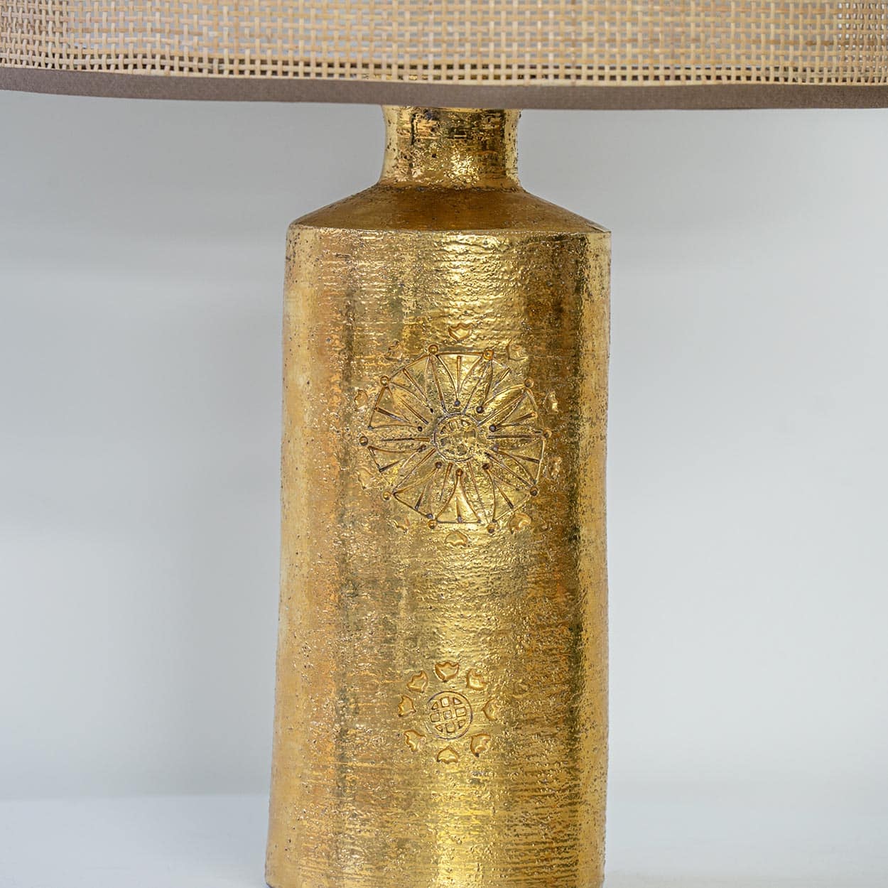 1 of the 2 Bitossi Gold Ceramic Lamps, Rattan Double Lampshade by R. Houben