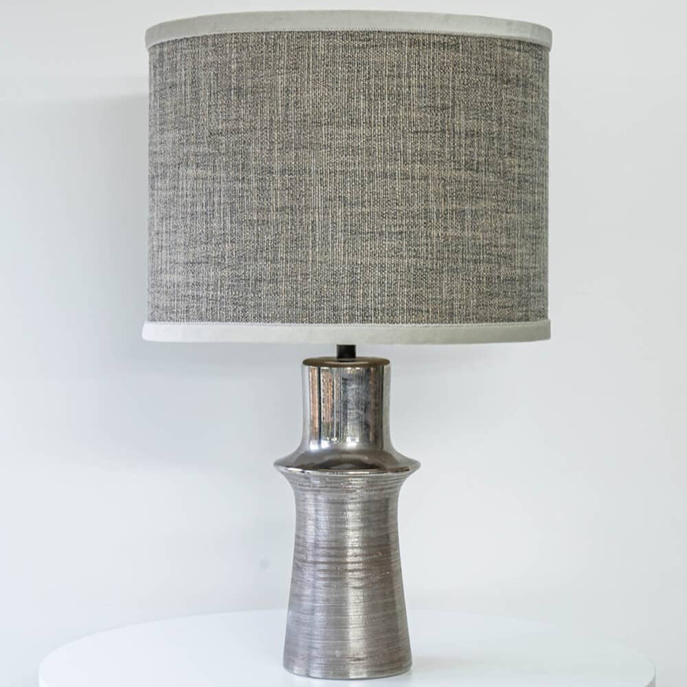 Chrome Colored Lamp with Relief, Custom Gray Silk Lampshade by R. Houben