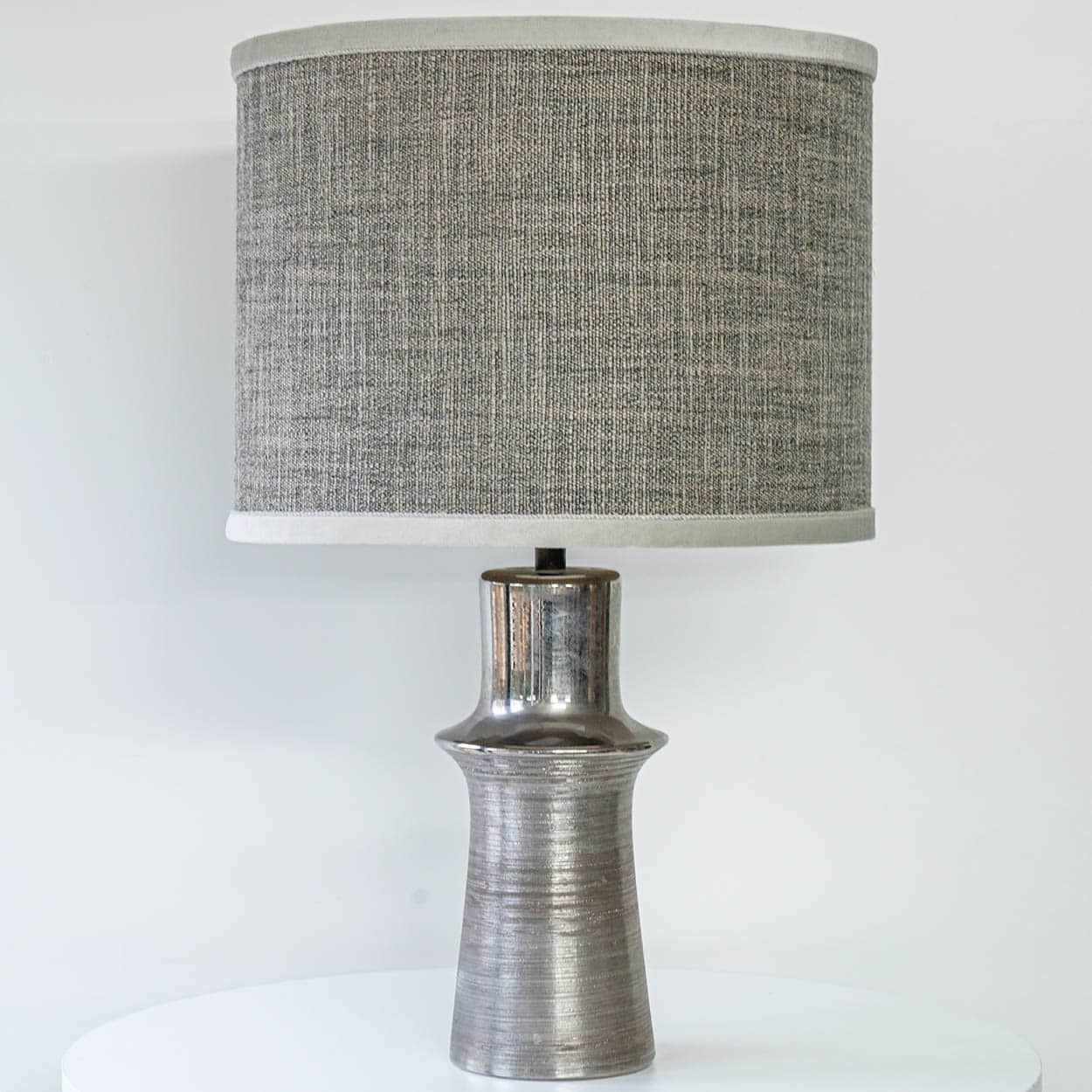 Chrome Colored Lamp with Relief, Custom Gray Silk Lampshade by R. Houben