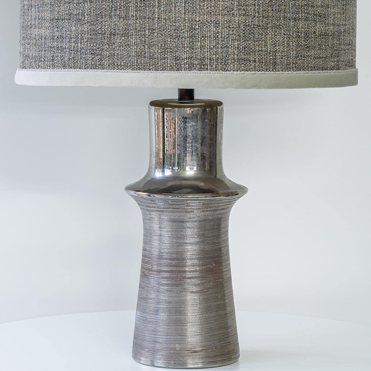 Chrome Colored Lamp with Relief, Custom Gray Silk Lampshade by R. Houben